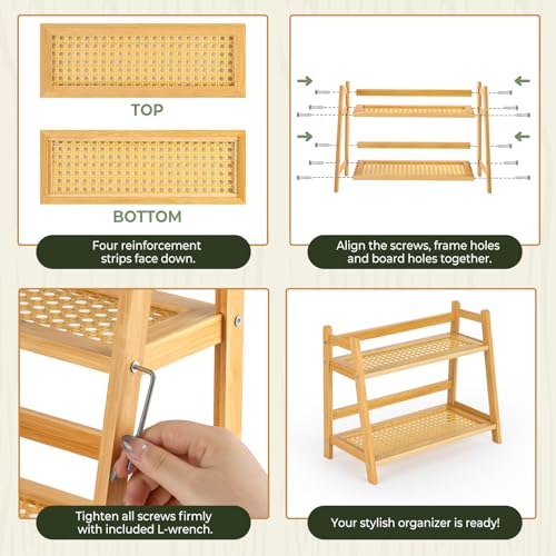 ANBOXIT Matcha Station Organizer, Countertop Bamboo Coffee & Tea Station | Rattan-Look 2 Tier Mug Holder Display Stand for Kitchen Condiment, Coffee Accessories, Home, Office