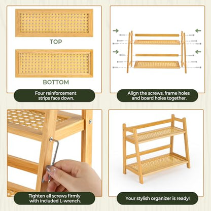 ANBOXIT Matcha Station Organizer, Countertop Bamboo Coffee & Tea Station | Rattan-Look 2 Tier Mug Holder Display Stand for Kitchen Condiment, Coffee Accessories, Home, Office