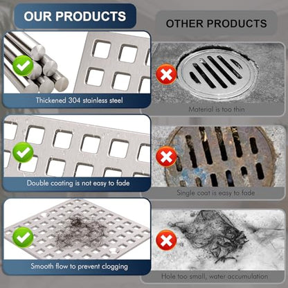 3-7/8" Brushed Nickel Square Shower Drain Cover for Floor Drain | Square Floor Drain Cover Replacement, SUS304 Stainless Steel Hair Catcher, Drain Strainer for Bathroom Shower & Kitchen Floor
