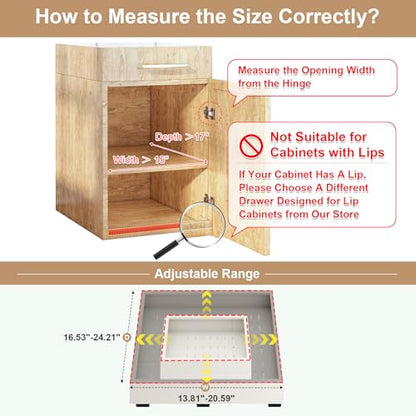 Pull out Cabinet Organizer,14"-21"W, 17"-24"D,Expandable,Adhesive | No Drill,3 Rails,Adjustable Slide out Drawers for Kitchen,Pantry,Roll out Shelves,for Cabinets Without Lip,Bathroom,White,1PC