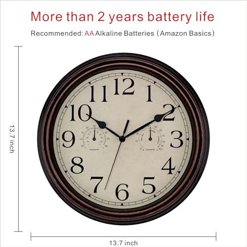Foxtop Indoor Outdoor Waterproof Wall Clock with Thermometer and Hygrometer Combo, 14 Inch Retro Silent Non-Ticking Battery Operated Quartz Round Outdoor Clocks for Patio Home Office (Bronze)