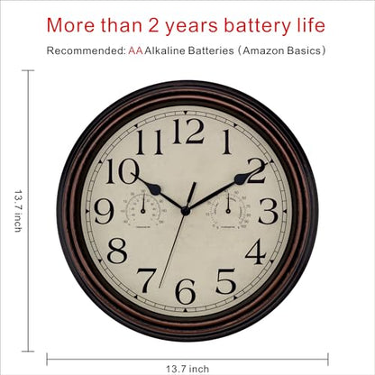Foxtop Indoor Outdoor Waterproof Wall Clock with Thermometer and Hygrometer Combo, 14 Inch Retro Silent Non-Ticking Battery Operated Quartz Round Outdoor Clocks for Patio Home Office (Bronze)