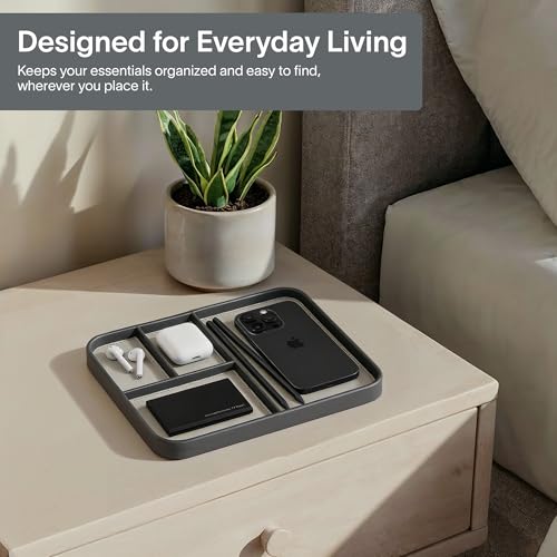 Nordik Leather Valet Tray - Medium EDC Tray - Pebble Black (9.5 x 7.9 in) | Premium Vegan Leather with Two-Toned Design, Includes Four Compartments, Giftable, Catchall Tray for Keys Watch and Jewellery