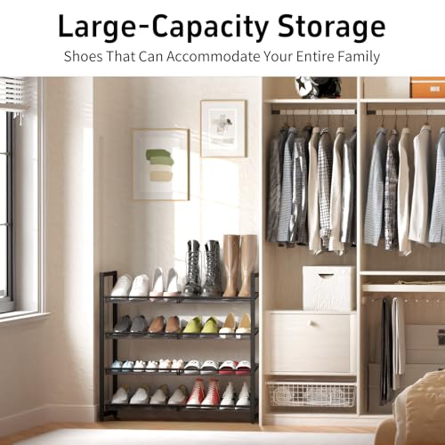 Metal Shoe Rack for Closet,entryway, 4-Tier Shoe Organizer, Adjustable Flat or Angled Shelves, Holds up to 20 Pairs Shoes, Black