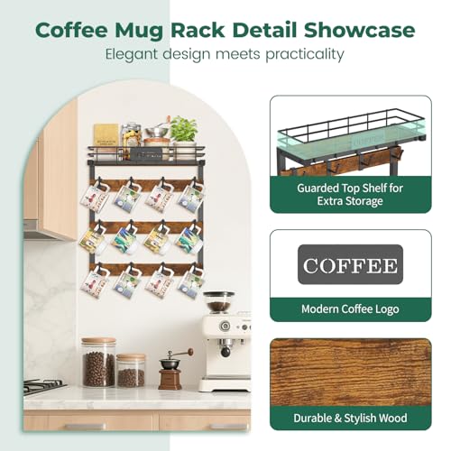 Coffee Mug Holder Wall Mounted Display Rack, Black... (Black | Metal, Wood)