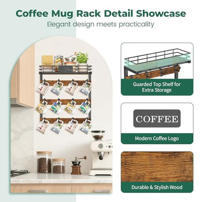 Coffee Mug Holder Wall Mounted Display Rack, Black... (Black | Metal, Wood)