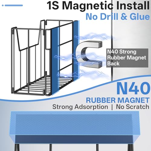 2-Pack Magnetic Folding Storage Shelf, No Drill Heavy Duty Organizer with 4 Hooks Magnetic Basket Shelves for Laundry Kitchen RV Refrigerator Washing Machine Garage