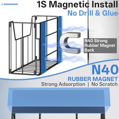 2-Pack Magnetic Folding Storage Shelf, No Drill Heavy Duty Organizer with 4 Hooks Magnetic Basket Shelves for Laundry Kitchen RV Refrigerator Washing Machine Garage