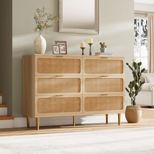 GarveeHome Rattan 6 Drawer Dressers for Bedroom, Deep Drawer, Natural | Tall Dresser, Wide Top, for Living Room, Hallway, Kids Room, Large Chest of Drawers for Closet, Long Wooden Dresser