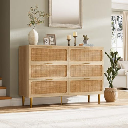 GarveeHome Rattan 6 Drawer Dressers for Bedroom, Deep Drawer, Natural | Tall Dresser, Wide Top, for Living Room, Hallway, Kids Room, Large Chest of Drawers for Closet, Long Wooden Dresser