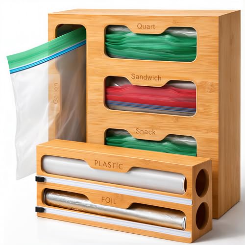 Bamboo Food Storage Bag Organizer for Drawer with Foil & Plastic Wrap Dispenser – 4 in 1 Premium Kitchen Drawer Organizer for Gallon, Quart & Sandwich Bags