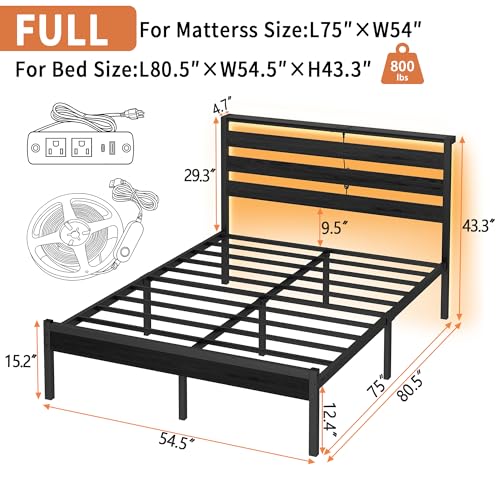 CLIBFENG 14 Inch Classic Metal Platform Bed Frame-Full Size Bed Frame with Headboard,Steel Slats Support-LED Bed Frame with USB Charging Station,Under Bed Storage,No Box Spring Needed,Noise Free
