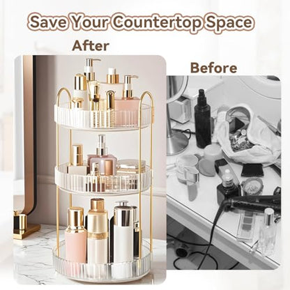 360° Rotating Makeup Organizer for Vanity, 3 Tier Perfume Organizers, Clear | Large Capacity Spinning Bathroom Countertop Organizer for Skincare Cosmetic Perfume Lipstick Nail Polish Storage