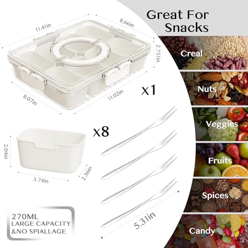 Dunruz Snackle Box Container,Portable Snack Box 8 Compartment Divided Serving Tray with Lid,Clear Storage Organizer for Fruit Candy Nuts Veggie-Perfect for Road Travel Party