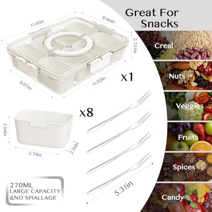 Dunruz Snackle Box Container,Portable Snack Box 8 Compartment Divided Serving Tray with Lid,Clear Storage Organizer for Fruit Candy Nuts Veggie-Perfect for Road Travel Party