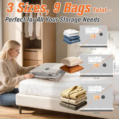 Vacuum Storage Bags for Travel with Cordless Pump, Space Saver Bags for Clothes, Compression Packing Bags for Luggage, 9 Combo Size