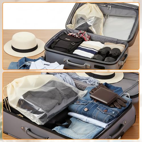 SHENLIU 16 Pcs Dustproof Drawstring Bags, 4 Sizes Beige Transparent Design Purse Dust Storage Bags Non Woven Fabric Cloth Pouch String Packing Organizer Shoe Pouch Handbags Covers