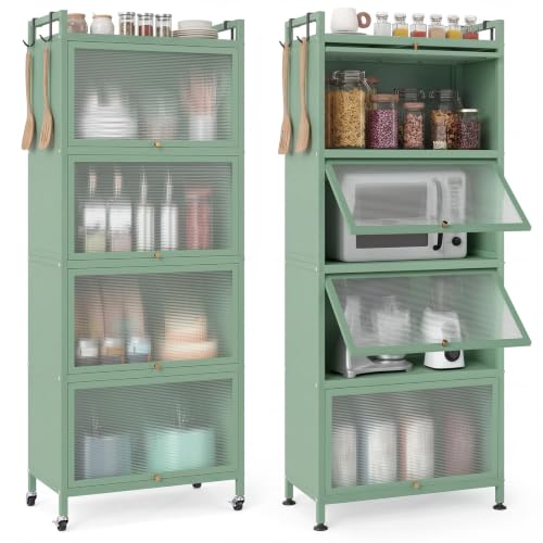 GIANTEX 5-Tier Kitchen Storage Cabinet, 4 PC Doors, Rolling Wheels, Green | Mobile Metal Pantry Cabinet with 4 Hooks & Adjustable Feet, 60" Baker's Rack Microwave Stand for Dining & Living Room