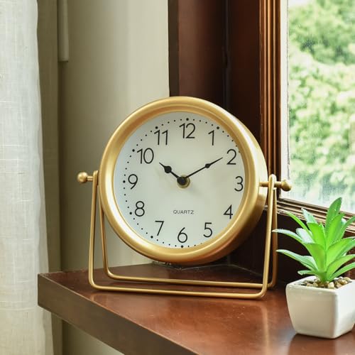 EMAX HOME Vintage Golden Table Clock - Elegant Battery Operated Office, Living Room, and Bedroom Clock with Minimalist Design Gold Table Decor 22x19.5x5.5cm