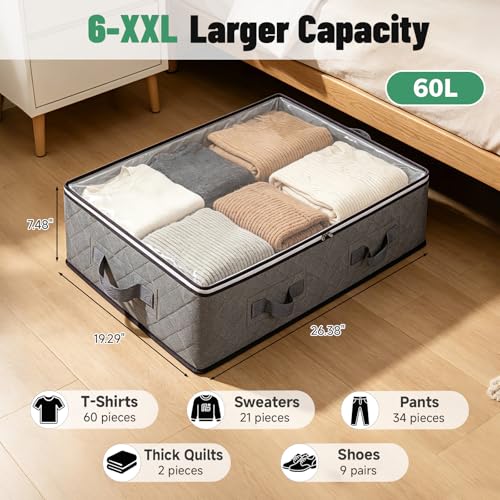 6 Pack Under Bed Storage Containers with Transparent Clear Window | Underbed Storage Bins with Reinforced Handles, Dual-Zipper for Clothes, Comforters, Blankets and Bedding, Gray