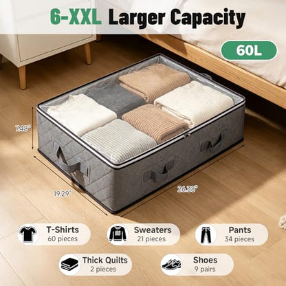 6 Pack Under Bed Storage Containers with Transparent Clear Window | Underbed Storage Bins with Reinforced Handles, Dual-Zipper for Clothes, Comforters, Blankets and Bedding, Gray