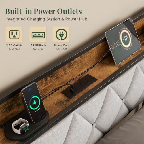 Twin Bed Frame, Headboard with Charging Plug | Upholstered Storage Design With Use, Solid Metal Construction, Noise-Free, No Box Spring Needed, Easy Assembly, Antique Wood