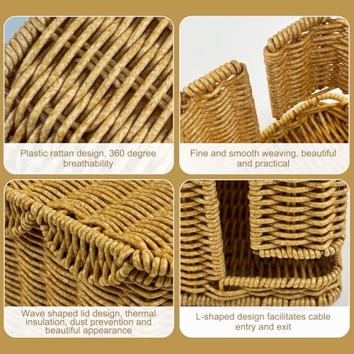 Scalloped Edge Handmade Cable Management Box, Elegant Plastic Rattan Cable Organizer, 2 Open Slots Sturdy Cord Hider Box, Under Desk Cord Organizer for Home TV Wires Computer Router USB Hub Strip (1)