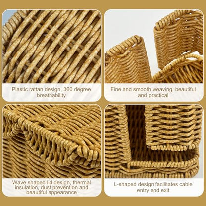 Scalloped Edge Handmade Cable Management Box, Elegant Plastic Rattan Cable Organizer, 2 Open Slots Sturdy Cord Hider Box, Under Desk Cord Organizer for Home TV Wires Computer Router USB Hub Strip (1)