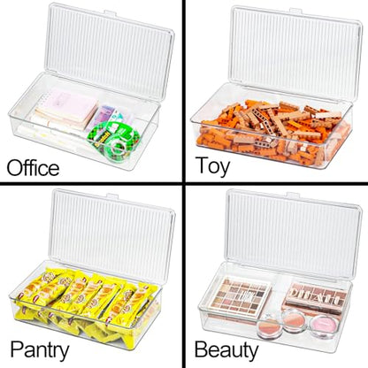 ZEXALOR Pack of 2 Clear Storage Bins with Lids, Small Storage Containers Boxes with Lids, Dresser Organizer, Tea Bag Organizer, Freezer Bin, Plastic Drawer Organizers (10.6×6.1×2.3“)