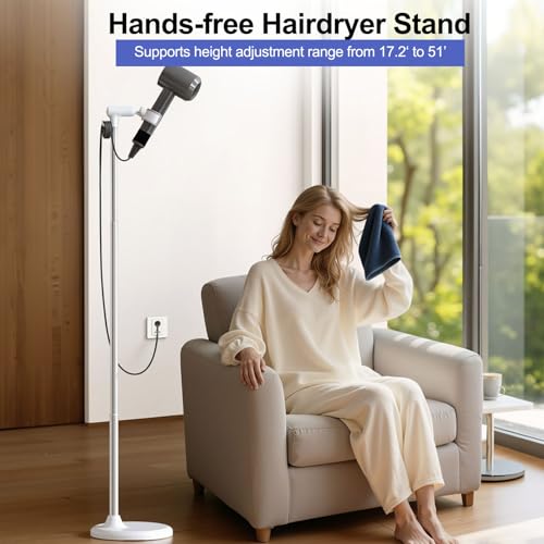 Heavy Duty Hair Dryer Stand, 360° Rotating, Adjustable Height | Hands Free Hair Dryer Stand, Stepless 17.2"–51" Height, 360° Rotating, TPU Clip, Weighted Base for Salon & Home Use(White)