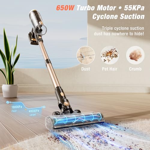 PEDOOLO Cordless Vacuum Cleaner, Upgraded 650W 55KPA 70Mins Vacuum Cleaners for Home, Self-Standing Stick Vacuum, Wall Mount Charge & Touch Screen, Anti-Tangle for Pet Hair Carpet Hardwood Floor Car