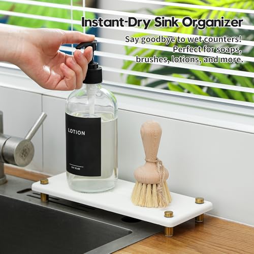 Water Absorbing Stone Sink Caddy Kitchen Sink Organizer Tray, Diatomite Bathroom Counter Tray, Gold Faucet Drying Mat Coaster Soap Dish Rack Riser Dispenser Sponge Holder, White 10" x 4"