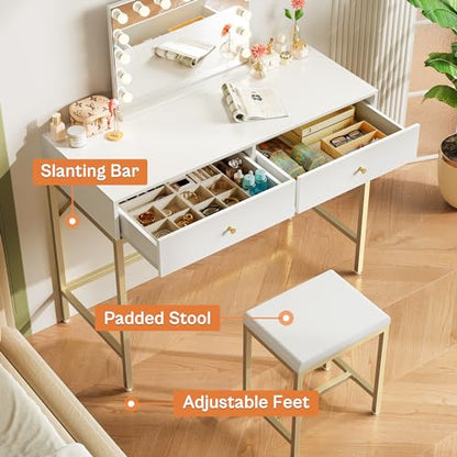 SUPERJARE 35.4" White and Gold Desk with 2 Drawers, Modern Makeup Vanity with Padded Stool, Small Computer Desk Home Office Desk for Writing Study Bedroom
