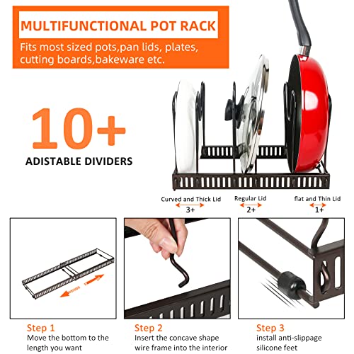 ROOHUA Pot and Pan Lid Organizer Rack for Under Cabinet, 12"-23" Expandable | 10 Adjustable Dividers, Holds Pan Lids, Cookware & Bakeware, Creates Tidy Cabinet Storage, Durable Metal, Bronze
