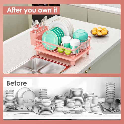 Dish Drying Rack, Stainless Steel-Dish Rack, Dish Racks for Kitchen Counter, Kitchen Dish Drainers with Removable Utensil Holder,New Drain Outlet,Plate Rack and Drainboard,(Pink-11 W x 15" L)