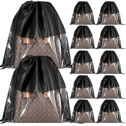 12 PCS Dustproof Drawstring Bags,Breathable Non-Woven Fabric Drawstring Dust Covers,Storage Bags Dust Bag for Handbags Shoes Purses,Black | Breathable Non-Woven Fabric Drawstring Dust Covers for Handbags Shoes Purses