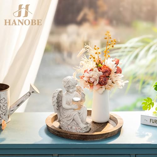 Hanobe Wooden Tray for Coffee Table, Decorative Round Candle Holder Plate | 11.2" Vintage Dining Table Centerpiece, Rustic Farmhouse Home Decor Serving Tray, Brown