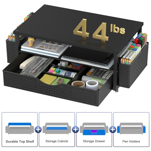 Desk Organizer and Accessories, Computer Monitor Stand Riser with Drawer and 2 Pen Holders, Office Desk Accessories & Workspace Organizers for Office Supplies (Black)