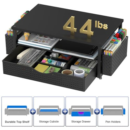 Desk Organizer and Accessories, Computer Monitor Stand Riser with Drawer and 2 Pen Holders, Office Desk Accessories & Workspace Organizers for Office Supplies (Black)