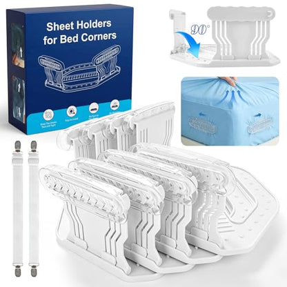 FACIACC 4Pcs Bed Sheet Holder for Corners, Upgrade Fitted Sheet Holder | with Lock Strips, 2Pcs Non-Slip Sheet Clips, Keep Sheets Firm & Tight Fitted All Mattress Sizes Easy Installation
