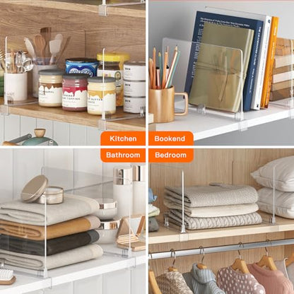 Fixwal 12 PCS Clear Acrylic Closet Shelf Dividers | Detachable shelf organizers for wardrobe organization, wooden shelves, clothes and purse storage