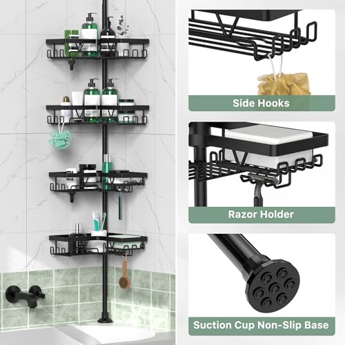 Corner Shower Caddy Tension Pole 4 Tier Shower Caddy Organizer Black | Space Saver, 28 Hook, Soap Dish, Razor Holder, Rustproof, For Bathtub Bathroom, Floor to Ceiling 25-114 Inch, Simple Install