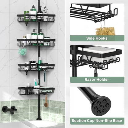 Corner Shower Caddy Tension Pole 4 Tier Shower Caddy Organizer Black | Space Saver, 28 Hook, Soap Dish, Razor Holder, Rustproof, For Bathtub Bathroom, Floor to Ceiling 25-114 Inch, Simple Install