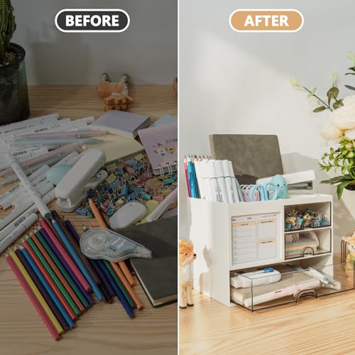 Desk Organizer with 3 Drawer, Multi-Functional Pencil Pen Holder for Desk, Desk Organizers and Storage with 8 Compartments, Desktop Organizer for Office Home Art Supplies (White)