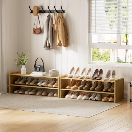 2 Tier Bamboo Shoe Rack, Extended Wood Shelf for Closet | Extended length fits more pairs. 6.7in height holds boots. Versatile for plants, books, sundries.
