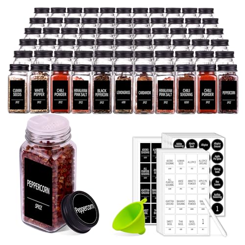 Churboro 66 Pack Glass Spice Jars with Labels, 4oz Spice Containers | Square Spice Bottles with Black Caps, Shaker Lids, 547 Labels, Funnel & Chalk Pen. Keep Seasoning Jars Neat and Organized