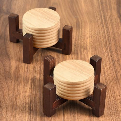 LemonRoad 2 Pack 5.13"×5.13"×2.25" Rustic Brown Solid Wood Coaster Holder for Round or Square 4" Coasters Ideal for Kitchen Bar & Home Decor Enthusiasts
