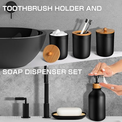 Black Bathroom Accessories Set 5 Pcs, Matte Black Bathroom Accessories, Plastic Soap Dispenser and Toothbrush Holder Set, Soap Dish, Cotton Swab Jar, Black Bathroom Set, Boho Bathroom Decor