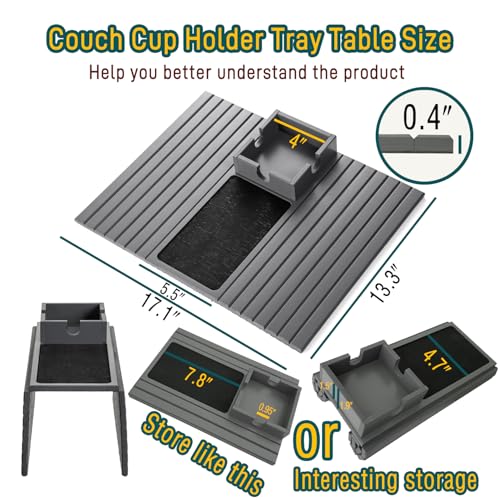 Bamboo Couch Cup Holder Arm Tray Table with Anti-Slip Cork Pad，Couch Drink Holder，Sofa Cup Holder Armrest Tray，Foldable Arm Chair Table Recliners for Drink, Cups, Eats，Snacks, Phone, Remote (Gray)
