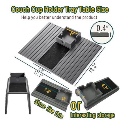 Bamboo Couch Cup Holder Arm Tray Table with Anti-Slip Cork Pad，Couch Drink Holder，Sofa Cup Holder Armrest Tray，Foldable Arm Chair Table Recliners for Drink, Cups, Eats，Snacks, Phone, Remote (Gray)